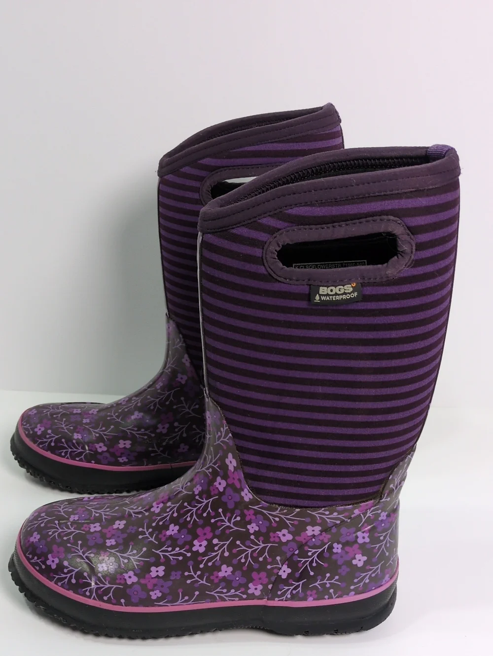 Bogs Waterproof Winter Rain Boots Purple Floral Striped Youth 6 / EUR 39
